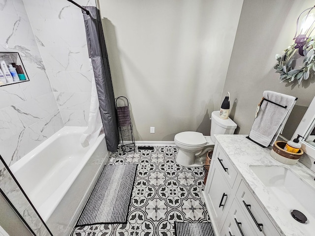 bathroom featuring vanity, baseboards, tile patterned floors, toilet, and shower / tub combo with curtain