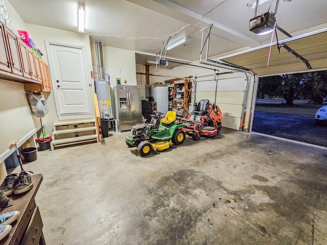 garage featuring stainless steel refrigerator with ice dispenser, a garage door opener, water heater, and gas water heater
