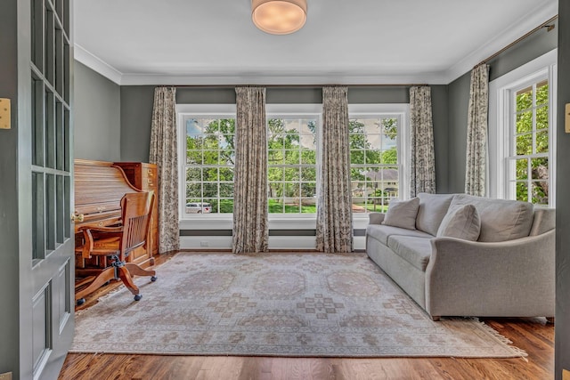 living area featuring crown molding, plenty of natural light, and wood finished floors