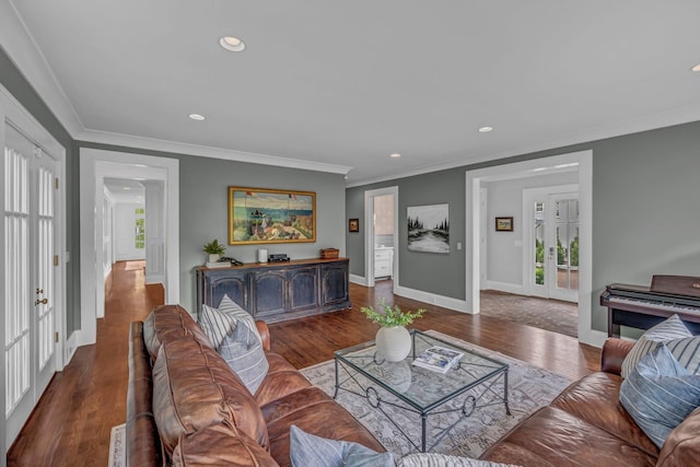 living area featuring french doors, recessed lighting, baseboards, wood finished floors, and ornamental molding