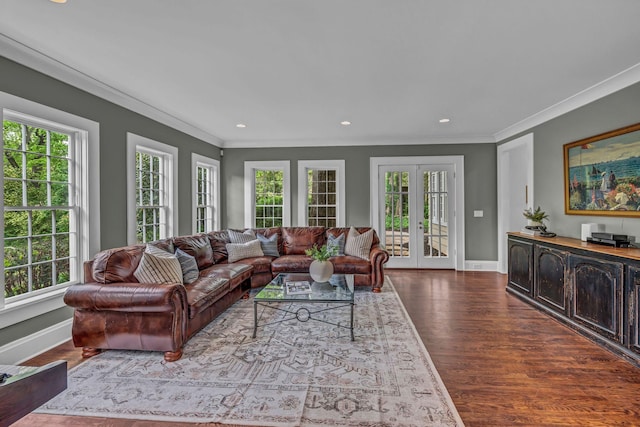living area with a healthy amount of sunlight, baseboards, and ornamental molding