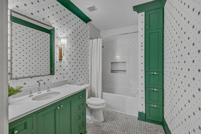 full bathroom with vanity, toilet, shower / bath combination with curtain, wallpapered walls, and visible vents