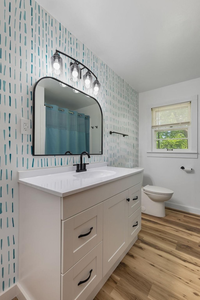 1759 Summertown Hwy, Hohenwald, TN 38462 - full bathroom with vanity, wood finished floors, toilet, baseboards, and wallpapered walls