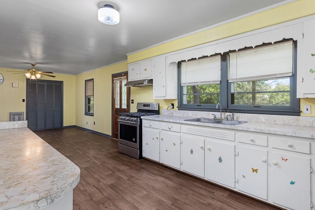 1759 Summertown Hwy, Hohenwald, TN 38462 - kitchen with stainless steel range with gas stovetop, a sink, under cabinet range hood, and light countertops