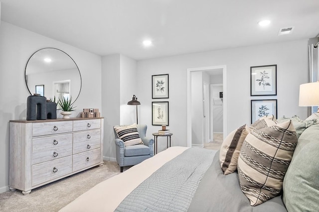 bedroom featuring visible vents, recessed lighting, baseboards, and light colored carpet