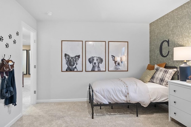 bedroom featuring baseboards, carpet flooring, and wallpapered walls