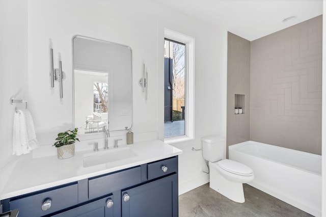 bathroom featuring vanity, toilet, shower / tub combination, and concrete floors