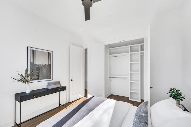 bedroom featuring ceiling fan, a closet, and wood finished floors