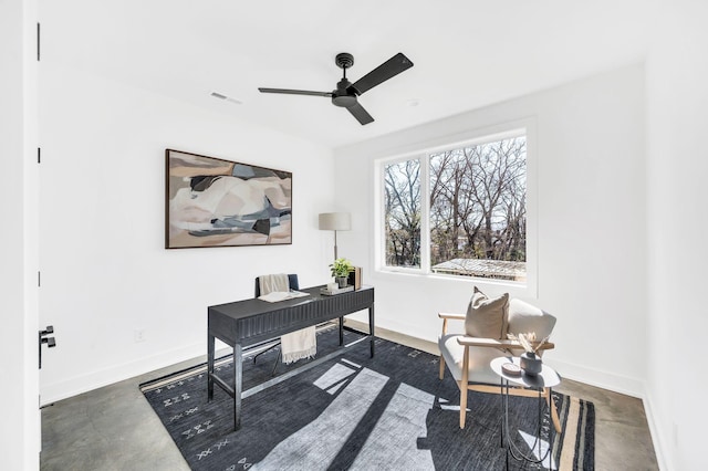 office area with ceiling fan, visible vents, baseboards, and finished concrete flooring