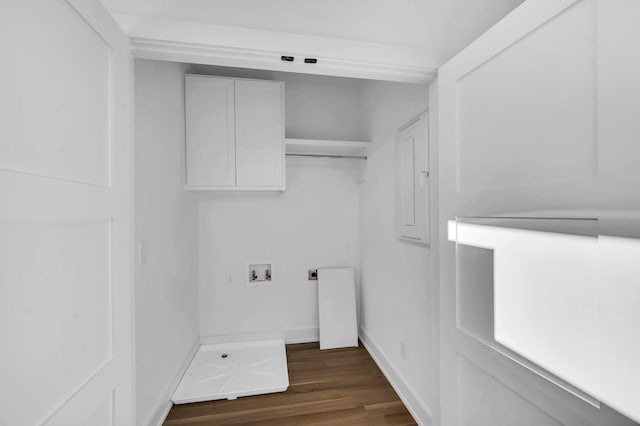 18 Willis St Unit C, Nashville, TN 37207 - laundry area featuring electric dryer hookup, cabinet space, baseboards, hookup for a washing machine, and dark wood-type flooring
