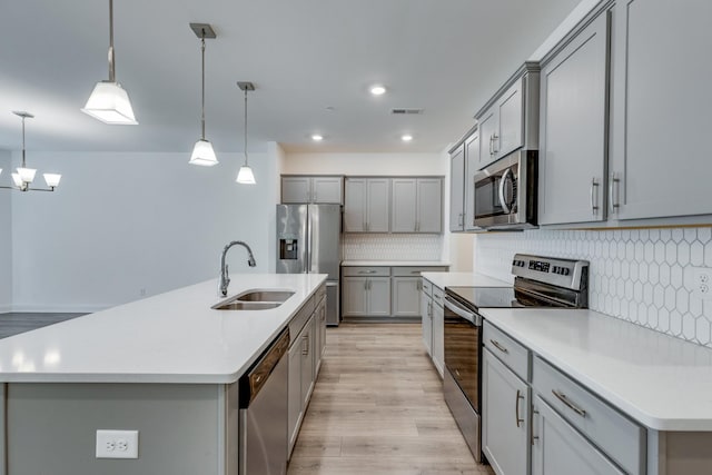 kitchen featuring visible vents, a sink, gray cabinetry, and stainless steel appliances