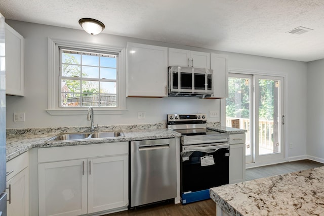 217 Sterry Ct, Antioch, TN 37013 - kitchen with a textured ceiling, dark wood finished floors, a sink, stainless steel appliances, and a wealth of natural light