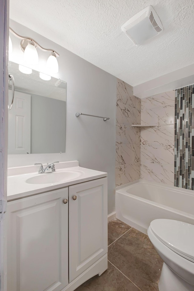 217 Sterry Ct, Antioch, TN 37013 - bathroom with vanity, visible vents, toilet, a textured ceiling, and shower / bath combination