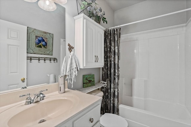 full bath featuring toilet, shower / bath combo, and vanity