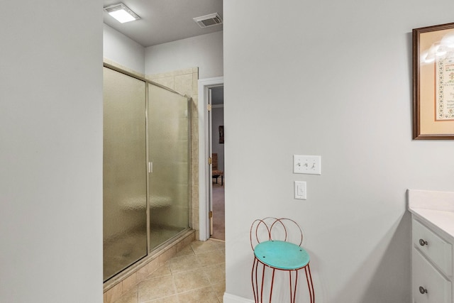 bathroom featuring visible vents, tile patterned flooring, a stall shower, and vanity