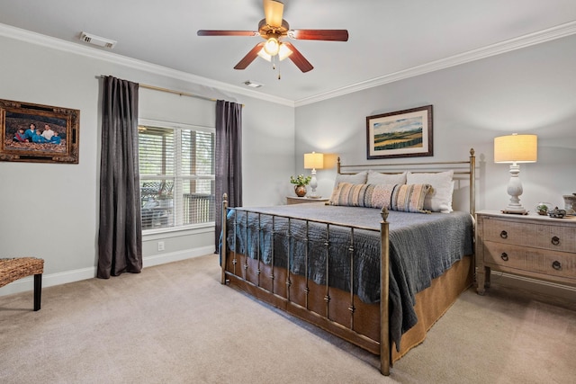 bedroom with baseboards, ornamental molding, visible vents, and light carpet