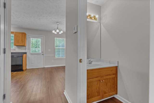 bathroom with baseboards, wood finished floors, a notable chandelier, and vanity