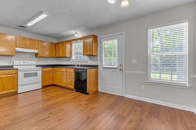kitchen featuring under cabinet range hood, white range with electric stovetop, dark countertops, and dishwasher