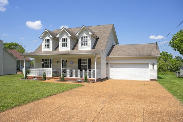 cape cod house with a garage, a front lawn, a porch, and driveway