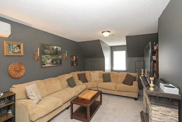 living area with an AC wall unit, a textured ceiling, and light carpet
