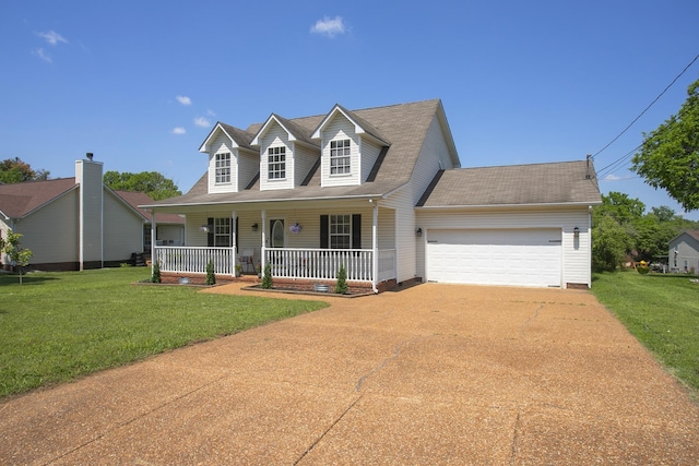 view of front of house featuring covered porch, an attached garage, concrete driveway, and a front yard