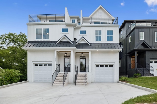 view of front facade featuring brick siding, an attached garage, a balcony, and driveway