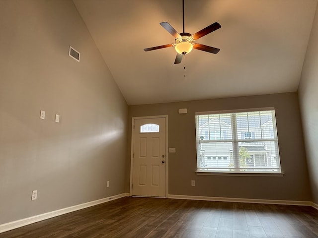 319 Mattie Ln, Spring Hill, TN 37174 - entryway featuring a ceiling fan, visible vents, baseboards, high vaulted ceiling, and dark wood-style floors