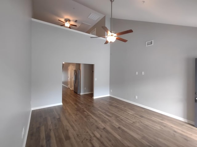 319 Mattie Ln, Spring Hill, TN 37174 - unfurnished living room with high vaulted ceiling, ceiling fan, dark wood-style floors, and visible vents