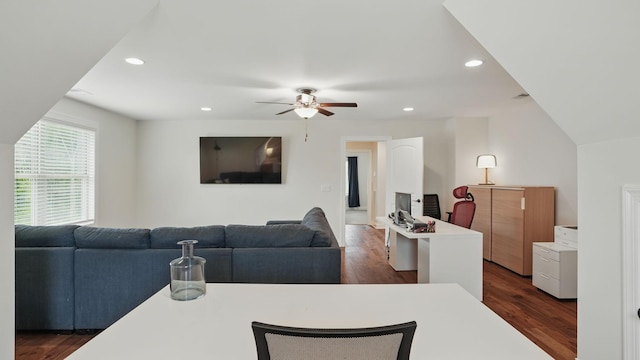 1210 Macey Peri Way, Smyrna, TN 37167 - dining area with ceiling fan, dark wood finished floors, and recessed lighting