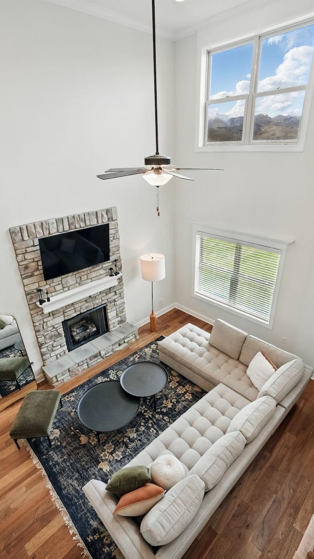 1210 Macey Peri Way, Smyrna, TN 37167 - living area featuring wood finished floors, healthy amount of natural light, a ceiling fan, and ornamental molding