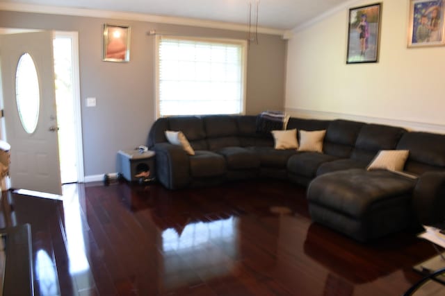 living room featuring baseboards, ornamental molding, and wood finished floors