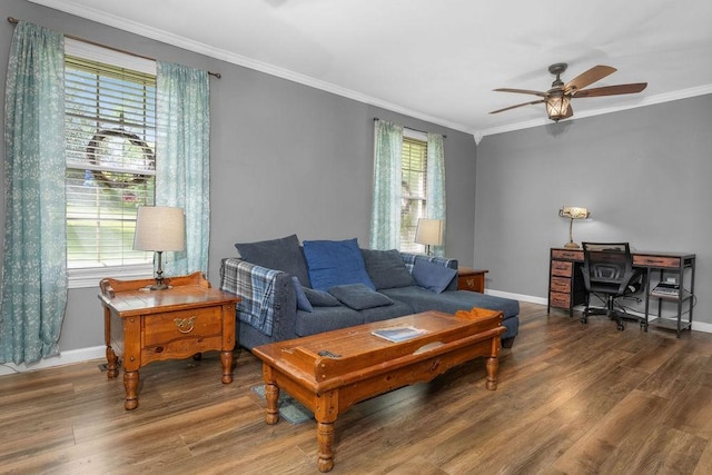 418 Mason Ln, Goodlettsville, TN 37072 - living room with wood finished floors, ornamental molding, baseboards, and ceiling fan