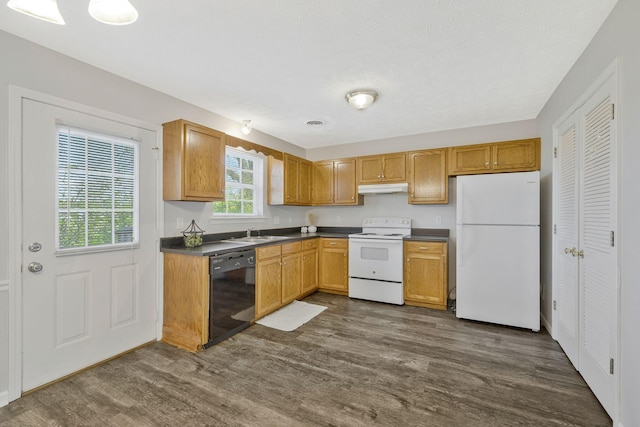 kitchen with dark wood-style flooring, dark countertops, white appliances, under cabinet range hood, and a sink