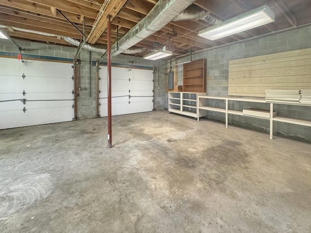 garage with electric panel and concrete block wall