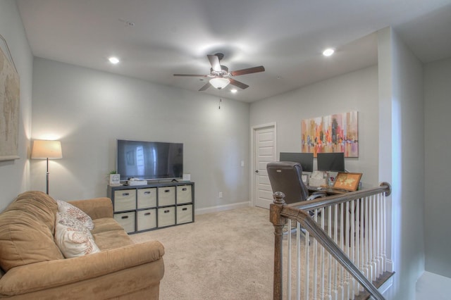 office with carpet floors, recessed lighting, ceiling fan, and baseboards