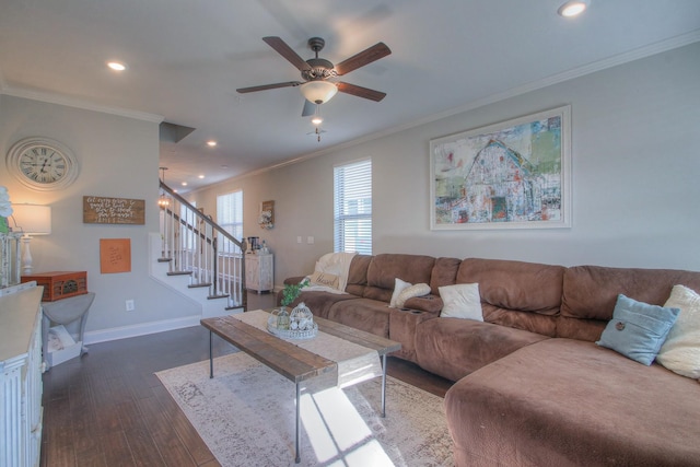 living area featuring crown molding, recessed lighting, stairway, and dark wood-style flooring