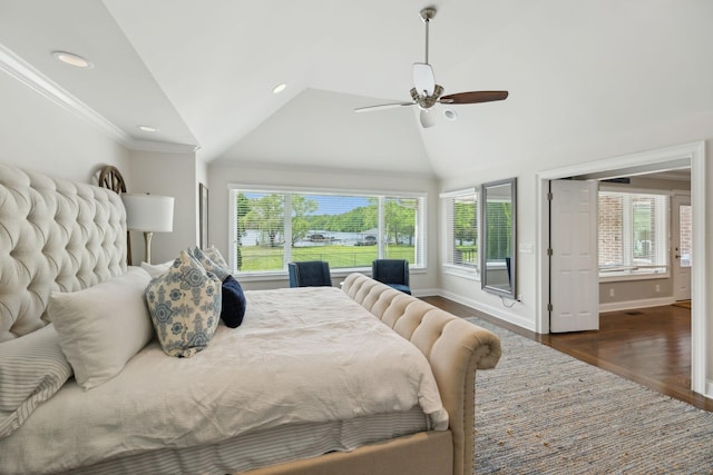 bedroom featuring ornamental molding, lofted ceiling, baseboards, ceiling fan, and recessed lighting