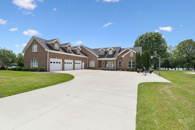 cape cod house with brick siding, a garage, a front lawn, and concrete driveway