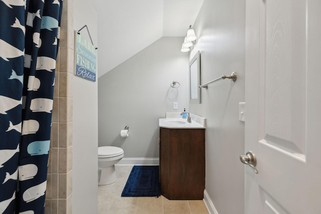 bathroom featuring tile patterned flooring, curtained shower, vanity, toilet, and lofted ceiling