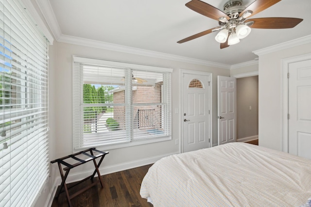 bedroom with baseboards, ornamental molding, a ceiling fan, and dark wood-type flooring