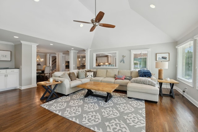 living room with recessed lighting, ceiling fan, dark wood-style flooring, and ornate columns