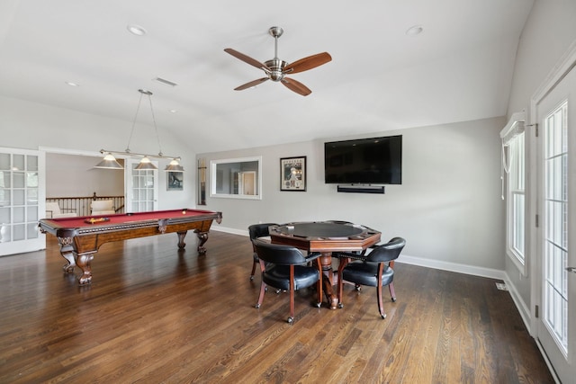 recreation room with baseboards, ceiling fan, wood finished floors, and vaulted ceiling