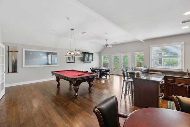 playroom featuring billiards, french doors, dark wood finished floors, and visible vents