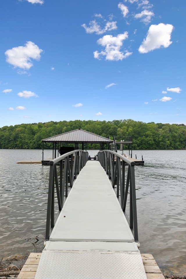 dock area featuring a water view and a view of trees