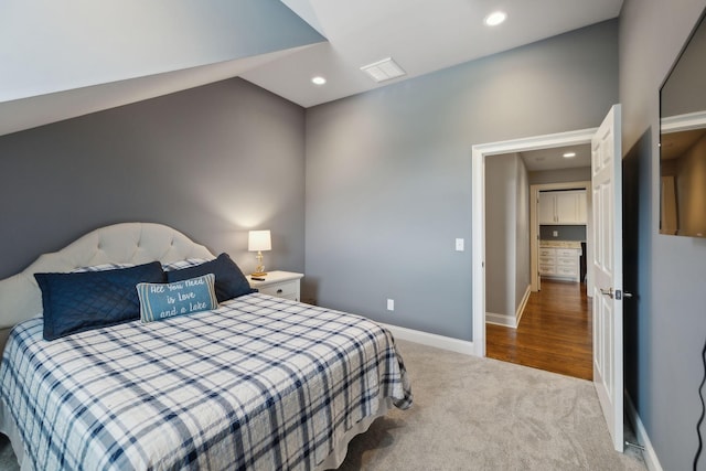 carpeted bedroom with baseboards, recessed lighting, and visible vents