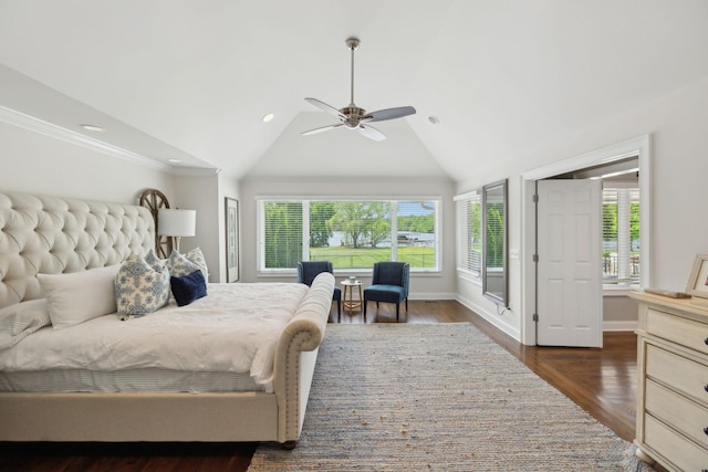 bedroom with crown molding, recessed lighting, vaulted ceiling, and multiple windows