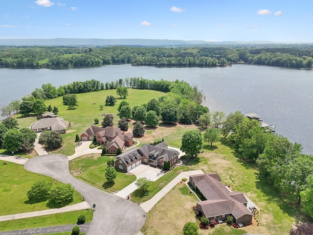 aerial view featuring a water view and a forest view