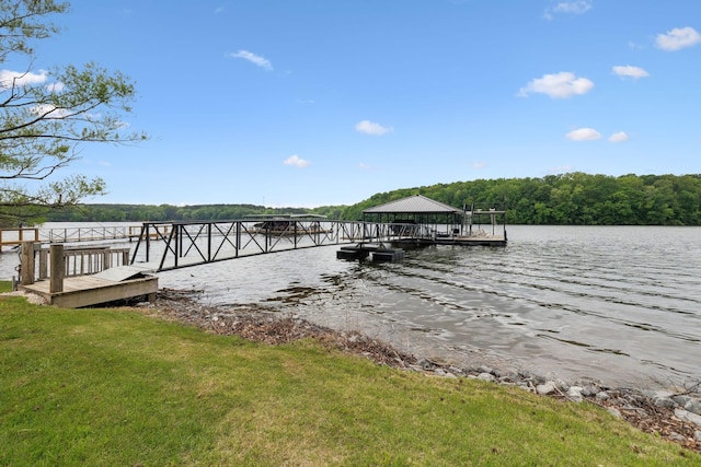 dock area featuring a water view and a yard