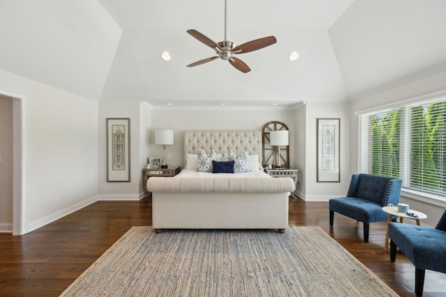 living area with baseboards, dark wood-style flooring, ceiling fan, and lofted ceiling