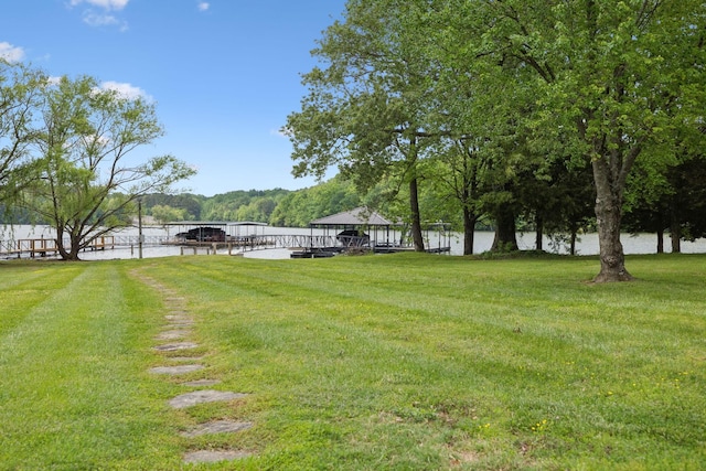 view of yard featuring a water view and a dock